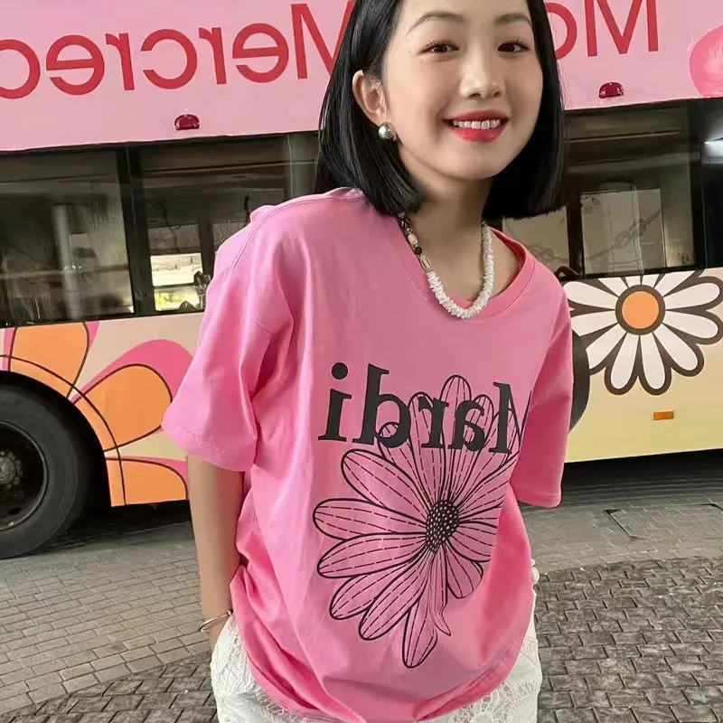魅力的 ファッション 可愛い アルファベット プリント 花模様 着瘦せ 快適 ゆったり トップス Ｔシャツ
