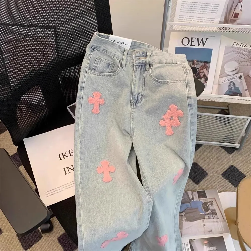 大人気 個性 刺繍 ルーズ 合わせやすい ハイウエスト 着痩せ 履きやすい デニムパンツ