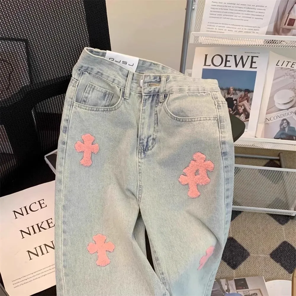 大人気 個性 刺繍 ルーズ 合わせやすい ハイウエスト 着痩せ 履きやすい デニムパンツ