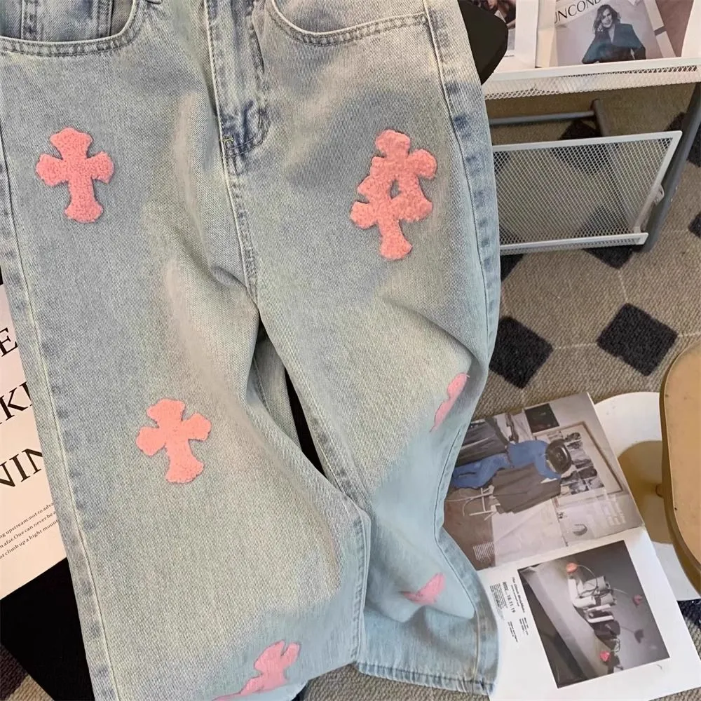 大人気 個性 刺繍 ルーズ 合わせやすい ハイウエスト 着痩せ 履きやすい デニムパンツ