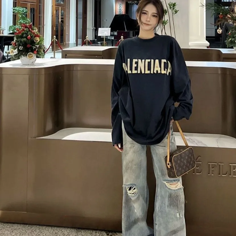 おすすめ 定番 高品質 着心地良い 合わせやすい トレンド アルファベット ルーズ 長袖 Tシャツ