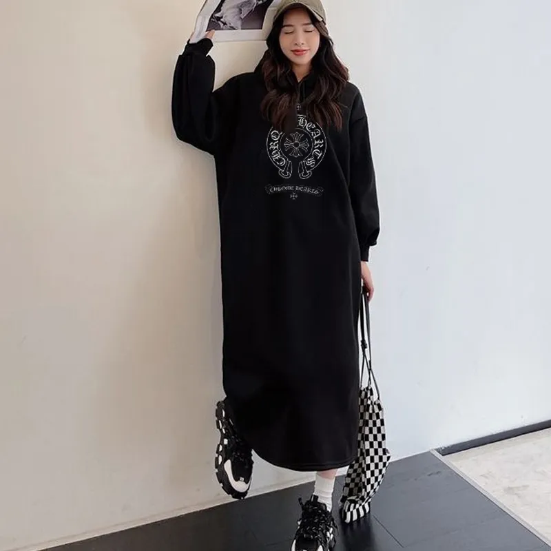 薄いフリース 大活躍 着心地良い カジュアル 日常 プリント ロング 春秋 オーバーサイズ ワンピース