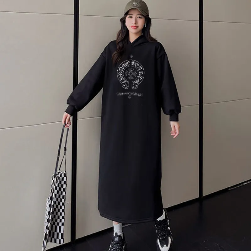 薄いフリース 大活躍 着心地良い カジュアル 日常 プリント ロング 春秋 オーバーサイズ ワンピース