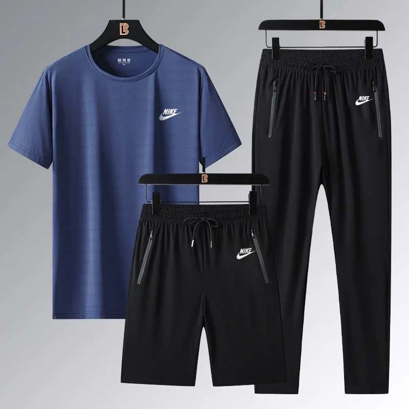 『L-5XL』ストレート裾 ゴム編み裾 4ウェイストレッチ クール接触冷感 アイスシルク半袖 ショーツ ロングパンツ 3点セット