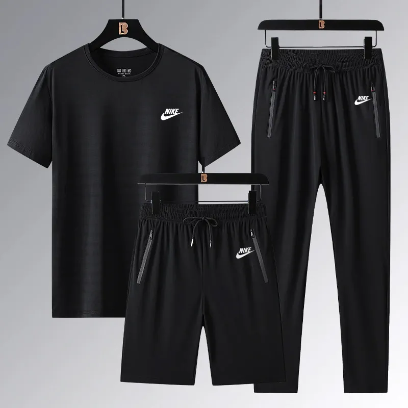 『L-5XL』ストレート裾 ゴム編み裾 4ウェイストレッチ クール接触冷感 アイスシルク半袖 ショーツ ロングパンツ 3点セット