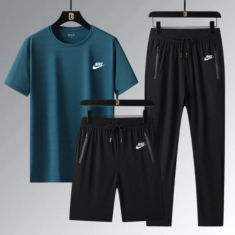 『L-5XL』ストレート裾 ゴム編み裾 4ウェイストレッチ クール接触冷感 アイスシルク半袖 ショーツ ロングパンツ 3点セット