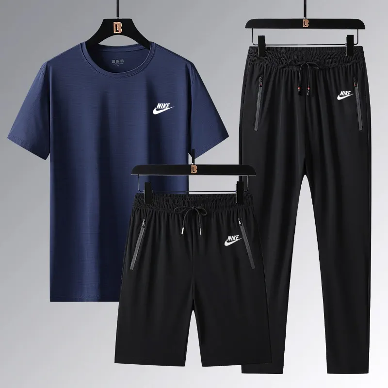 『L-5XL』ストレート裾 ゴム編み裾 4ウェイストレッチ クール接触冷感 アイスシルク半袖 ショーツ ロングパンツ 3点セット