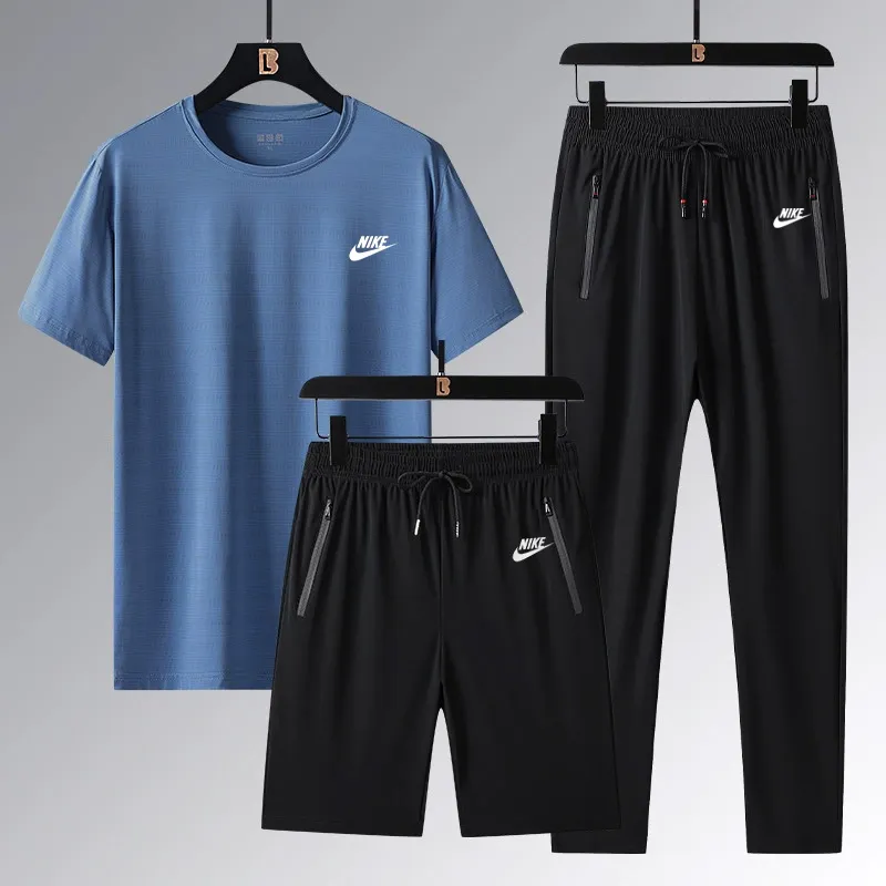 『L-5XL』ストレート裾 ゴム編み裾 4ウェイストレッチ クール接触冷感 アイスシルク半袖 ショーツ ロングパンツ 3点セット