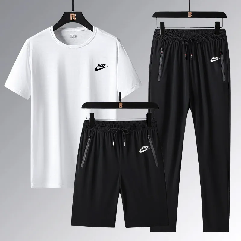 『L-5XL』ストレート裾 ゴム編み裾 4ウェイストレッチ クール接触冷感 アイスシルク半袖 ショーツ ロングパンツ 3点セット