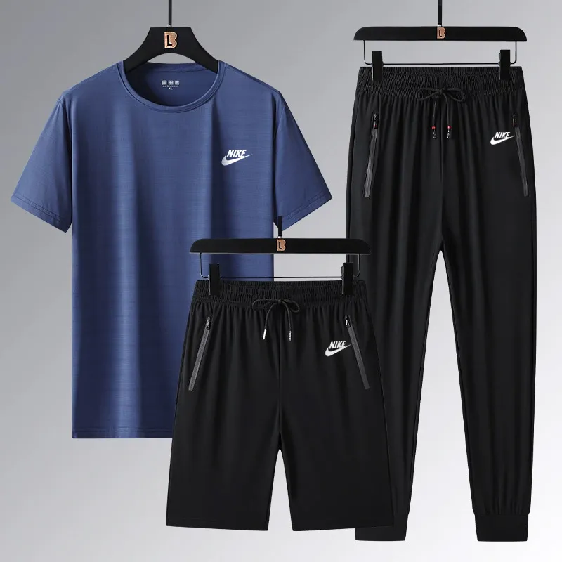 『L-5XL』ストレート裾 ゴム編み裾 4ウェイストレッチ クール接触冷感 アイスシルク半袖 ショーツ ロングパンツ 3点セット