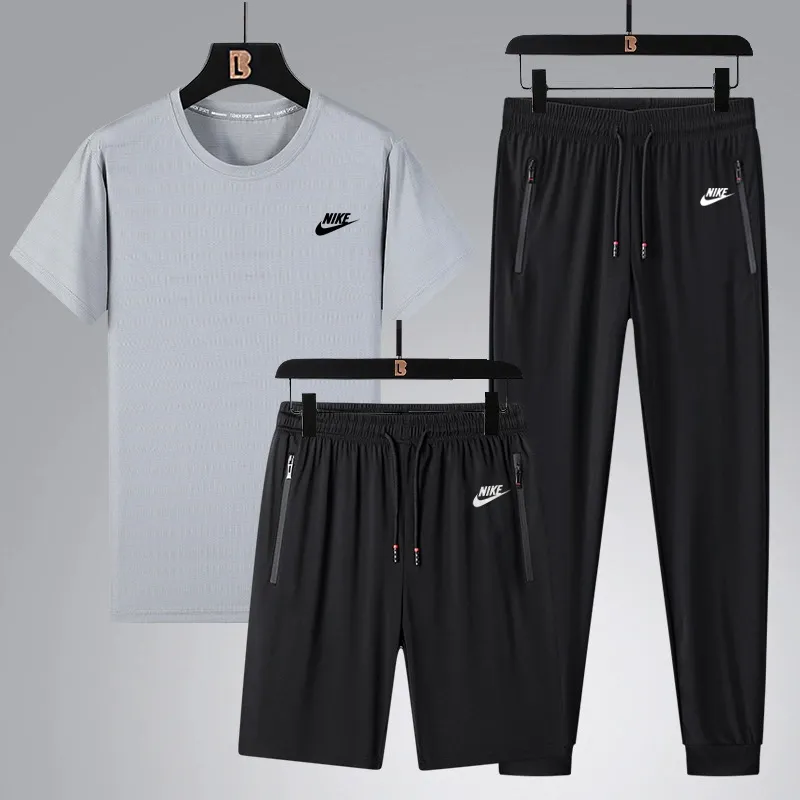 『L-5XL』ストレート裾 ゴム編み裾 4ウェイストレッチ クール接触冷感 アイスシルク半袖 ショーツ ロングパンツ 3点セット