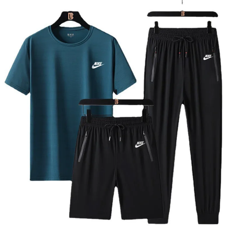 『L-5XL』ストレート裾 ゴム編み裾 4ウェイストレッチ クール接触冷感 アイスシルク半袖 ショーツ ロングパンツ 3点セット