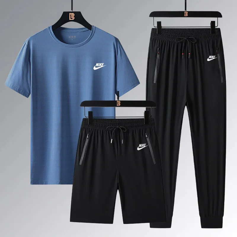 『L-5XL』ストレート裾 ゴム編み裾 4ウェイストレッチ クール接触冷感 アイスシルク半袖 ショーツ ロングパンツ 3点セット
