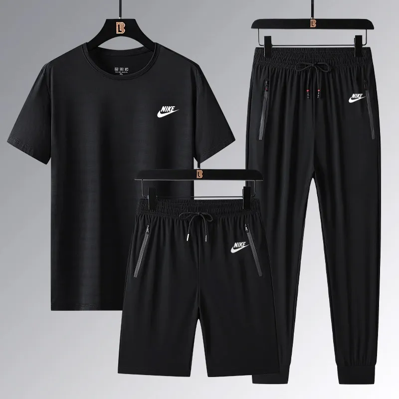 『L-5XL』ストレート裾 ゴム編み裾 4ウェイストレッチ クール接触冷感 アイスシルク半袖 ショーツ ロングパンツ 3点セット