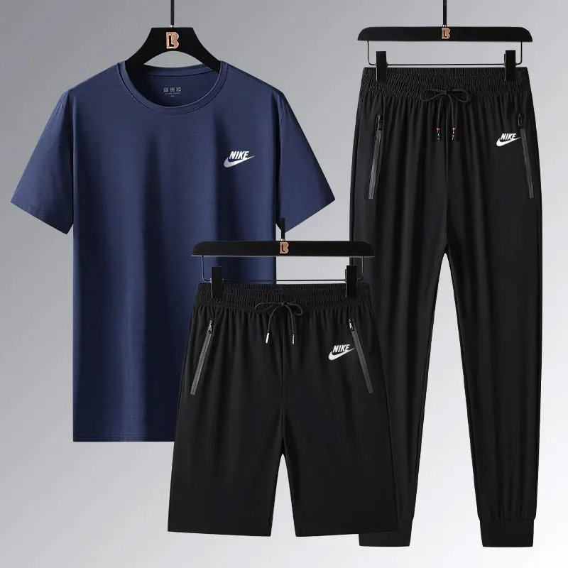『L-5XL』ストレート裾 ゴム編み裾 4ウェイストレッチ クール接触冷感 アイスシルク半袖 ショーツ ロングパンツ 3点セット