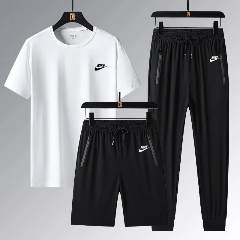 『L-5XL』ストレート裾 ゴム編み裾 4ウェイストレッチ クール接触冷感 アイスシルク半袖 ショーツ ロングパンツ 3点セット