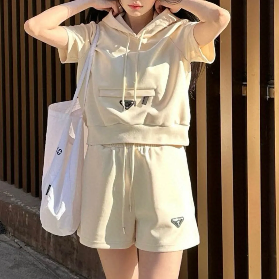 『S-L』若見え カジュアル 立体感 痩せ見え フード付き 半袖 ショートパンツ セットアップ