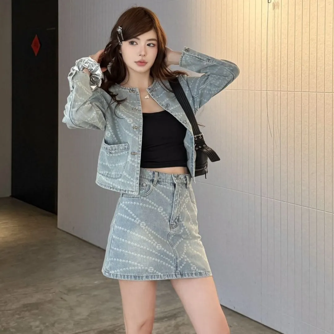 『S-L』ツイル 100%コットン デニム素材 酵素ウォッシュ加工 色落ちしにくい デニムジャケット ハイウエストミニスカート
