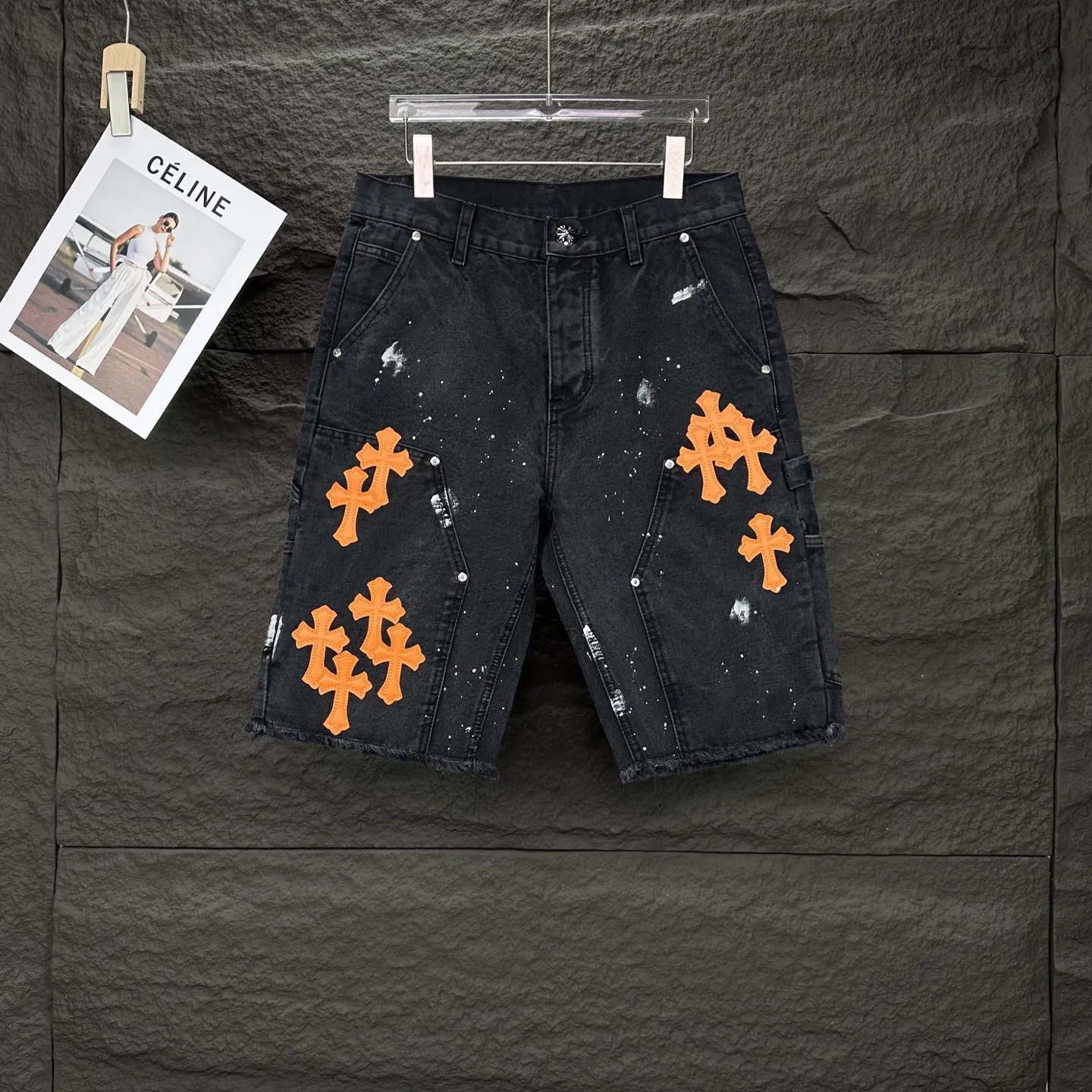 『S-2XL』限定 パッチワーク スプラッター ハンドペイント オレンジ クロス レザーパッチ ウォッシュ ルーズ デニムショーツ