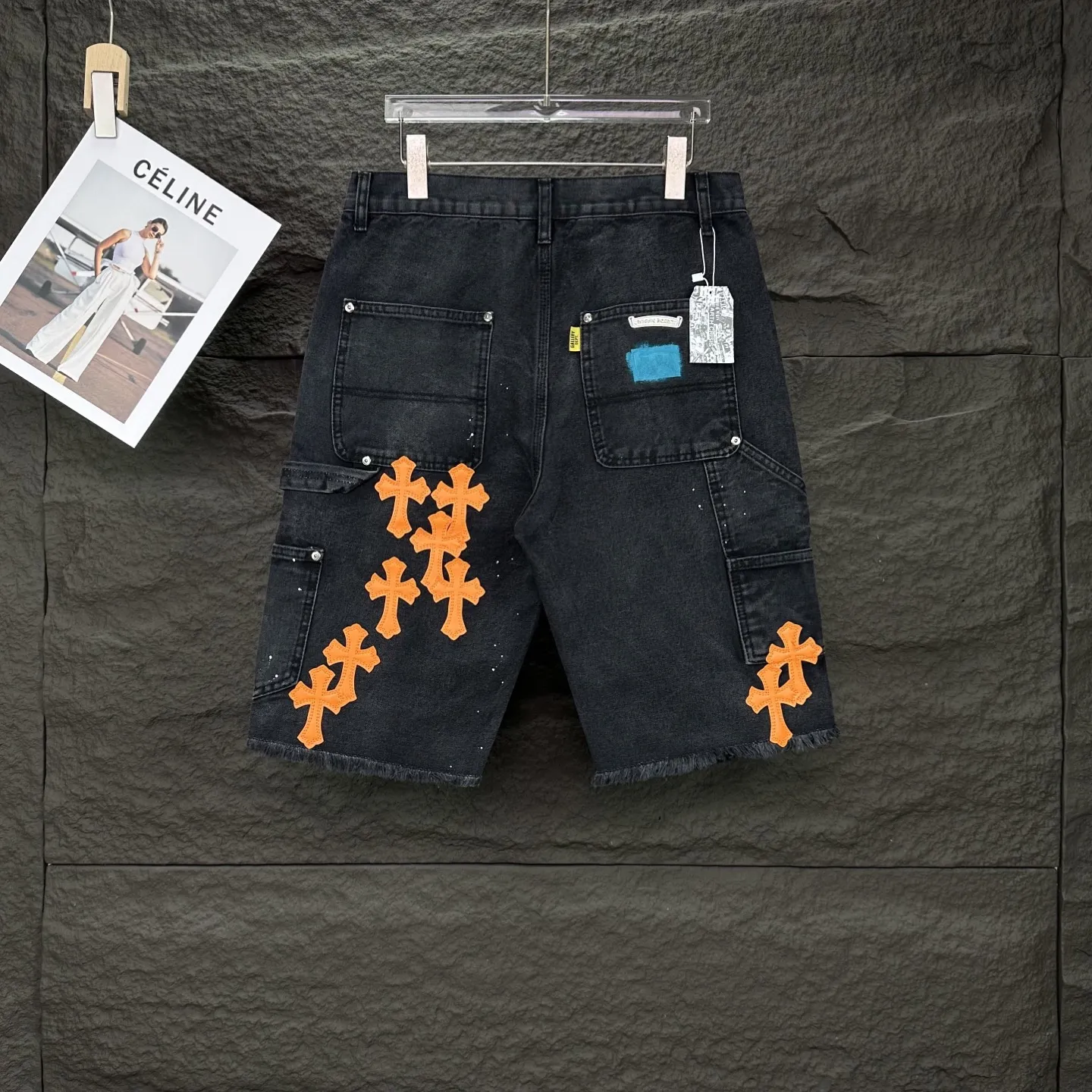 『S-2XL』限定 パッチワーク スプラッター ハンドペイント オレンジ クロス レザーパッチ ウォッシュ ルーズ デニムショーツ