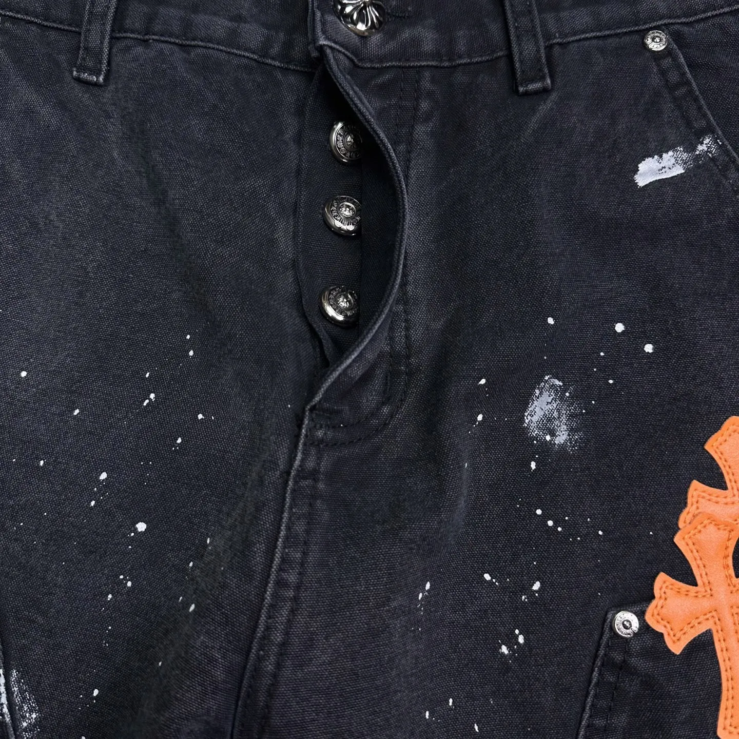 『S-2XL』限定 パッチワーク スプラッター ハンドペイント オレンジ クロス レザーパッチ ウォッシュ ルーズ デニムショーツ