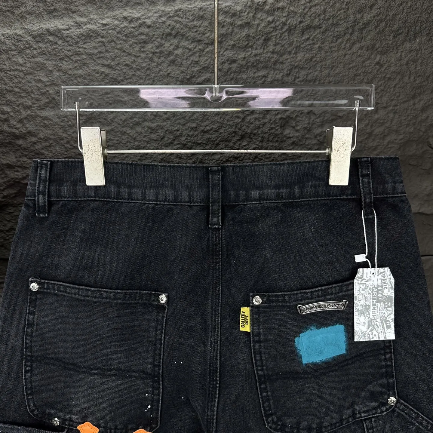 『S-2XL』限定 パッチワーク スプラッター ハンドペイント オレンジ クロス レザーパッチ ウォッシュ ルーズ デニムショーツ