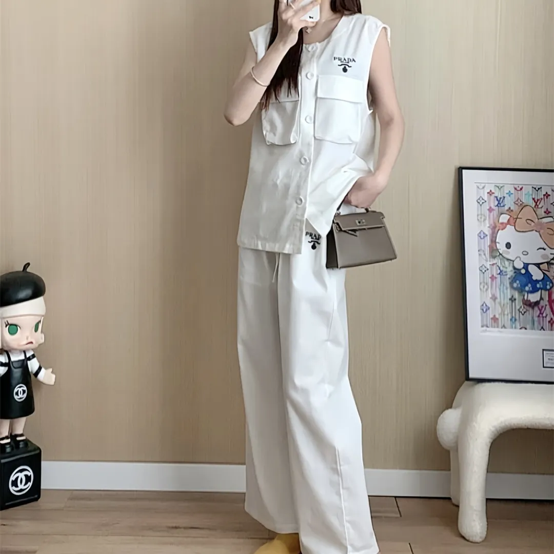 『S-L』通気性 上品 リラックス高級 テンセルリネン 胸元刺繍ロゴデコ ベスト ワイドパンツ セットアップ