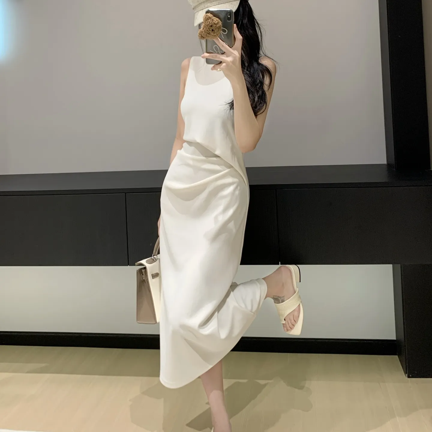 『S-L』高級 女性らしい 超 上品 雰囲気 優雅 可愛らしい セクシー 知性 繊細 ウエスト 絞り ベスト ワンピース