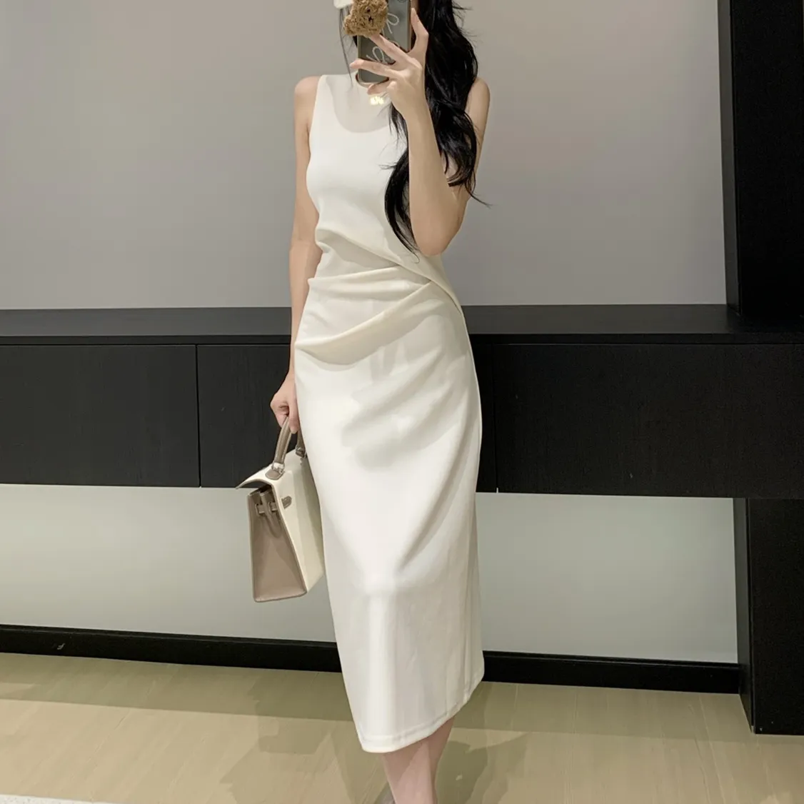 『S-L』高級 女性らしい 超 上品 雰囲気 優雅 可愛らしい セクシー 知性 繊細 ウエスト 絞り ベスト ワンピース